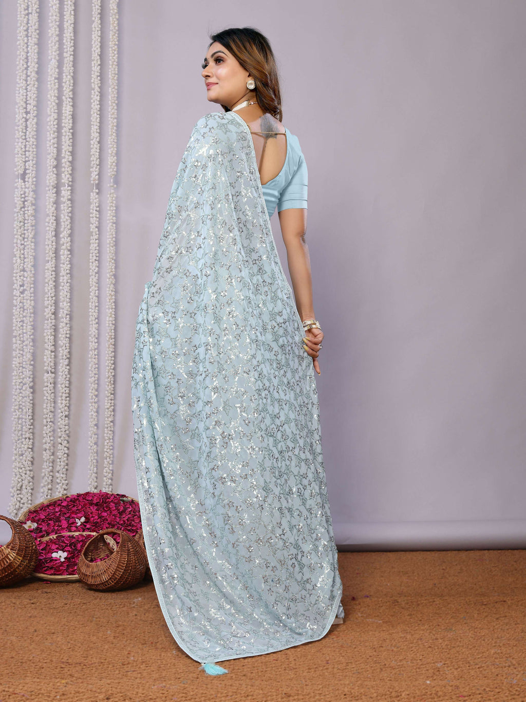 Sky Blue Pure Georgette Embroidered Saree With Stitched Blouse - Nimaya Kaksha