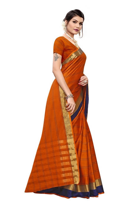 Vamika Orange Cotton Silk Weaving Saree (Rimi Checks Orange)