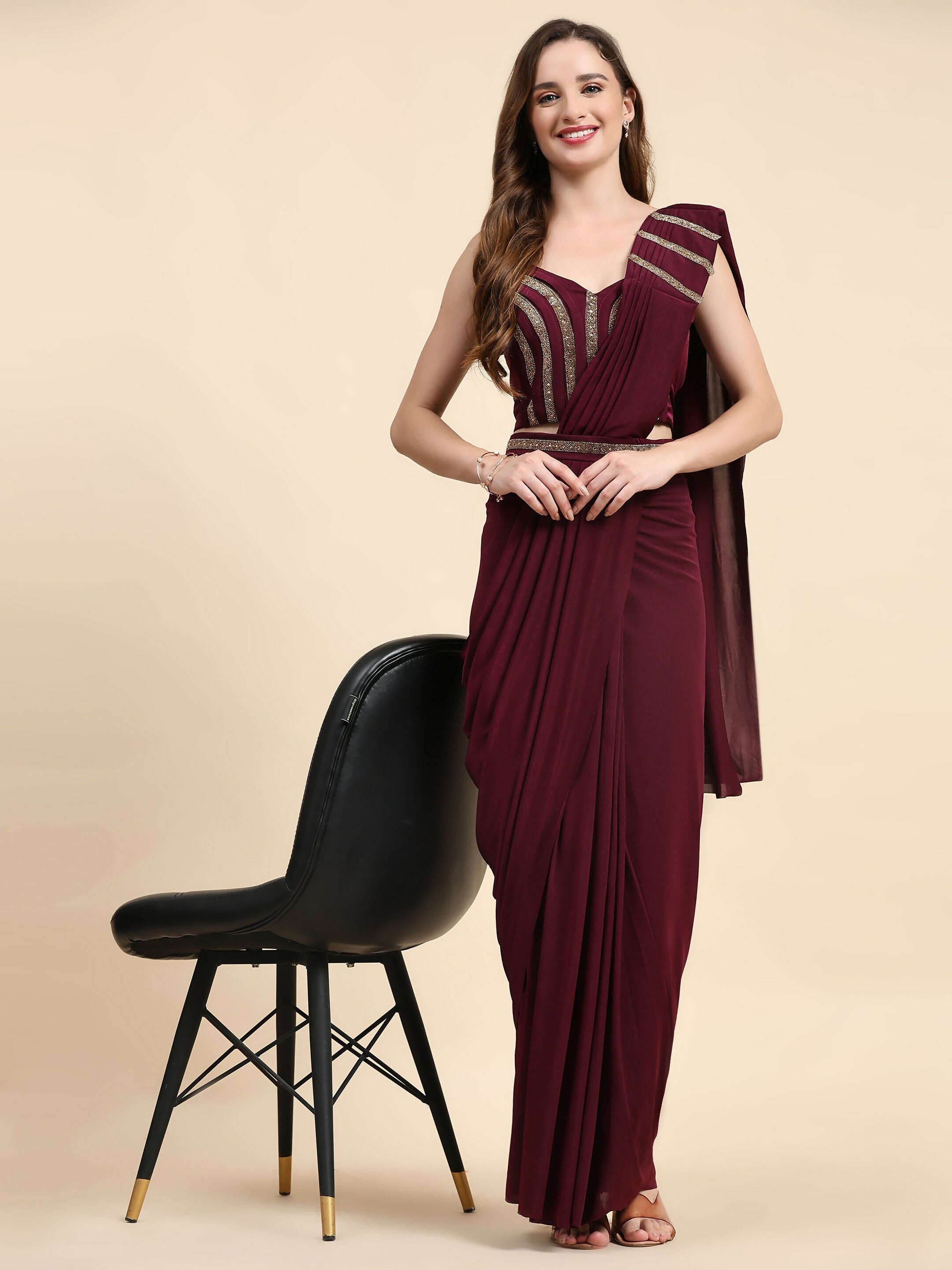 Maroon Polyester Solid Ready to Wear Saree with stitched Blouse - Nita