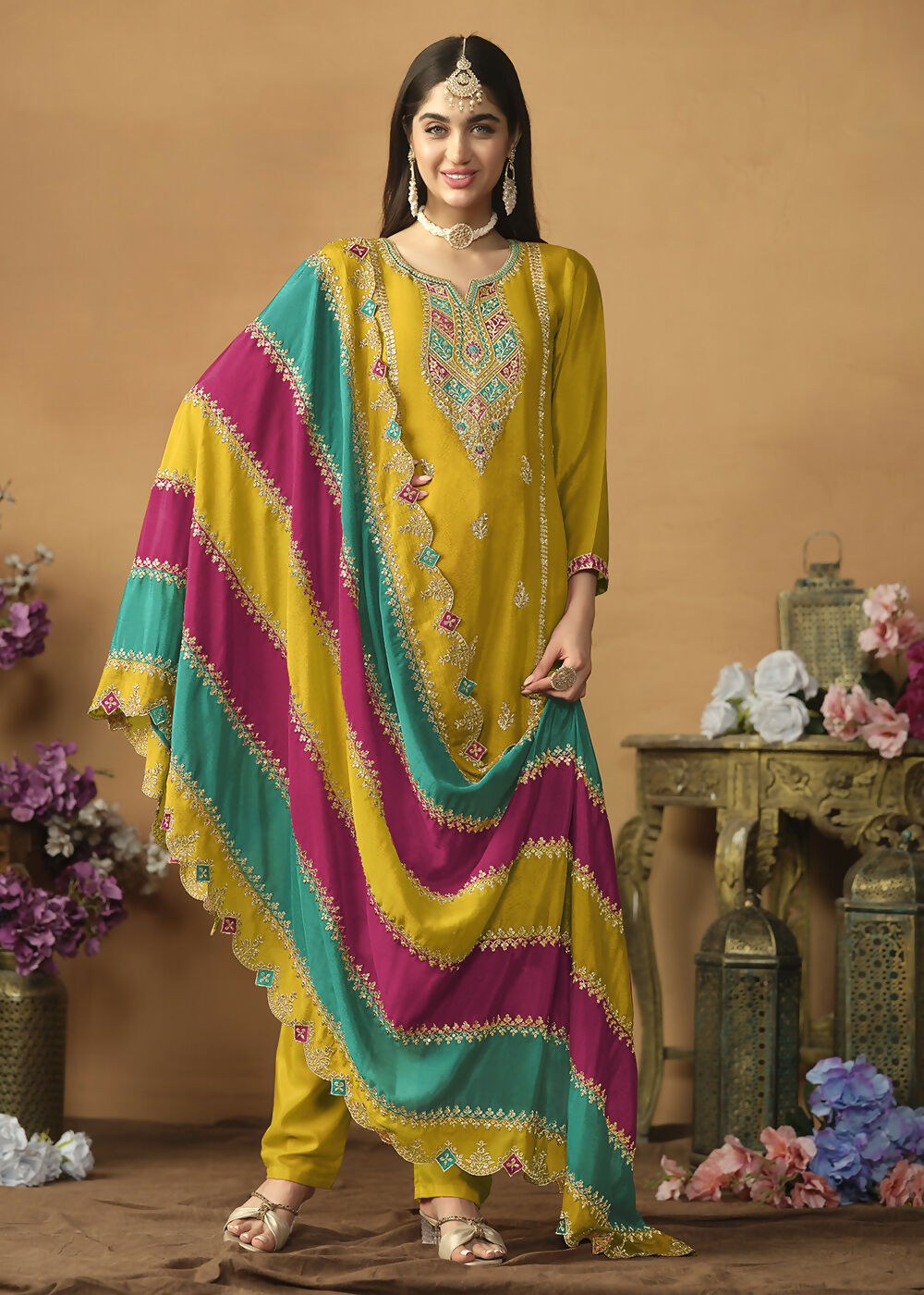 Chinnon Silk Yellow Salwar Suit with Multicolor Dupatta - Emponline
