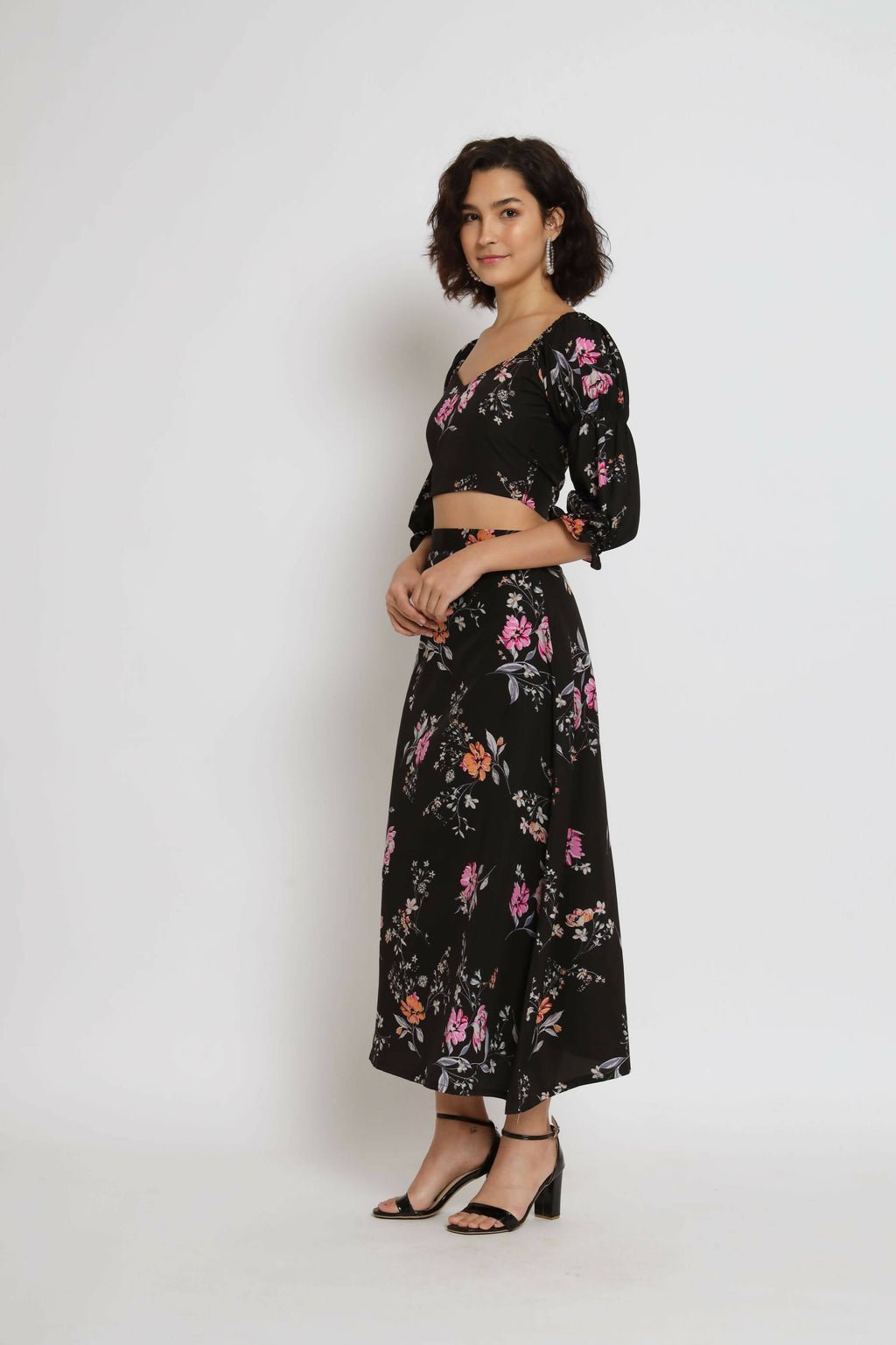Black Crepe Floral Printed Top with Matching Skirt - Shivani