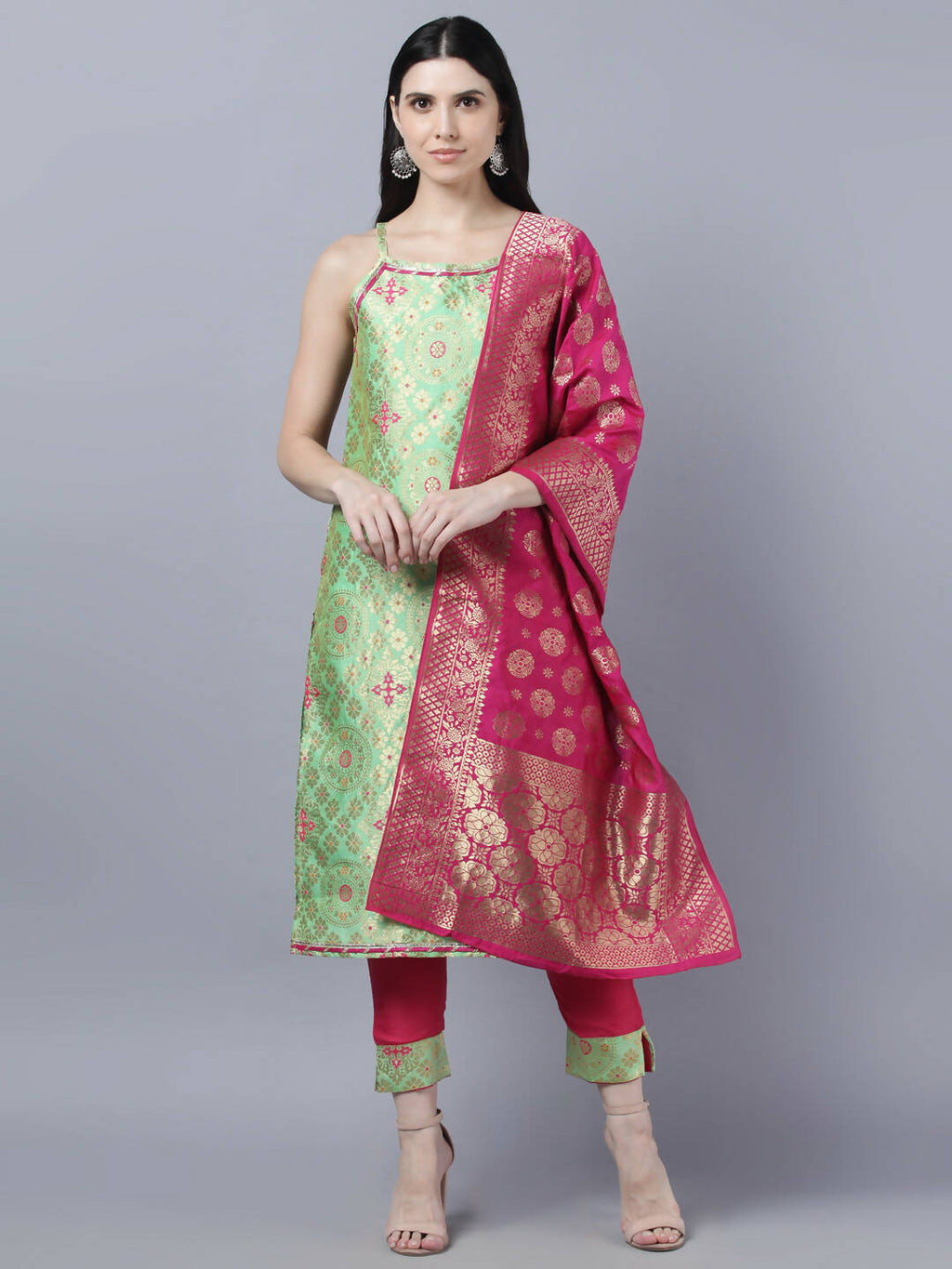Myshka Women Green Ethnic Motifs Gotta Patti Kurta with Trousers With Dupatta Set