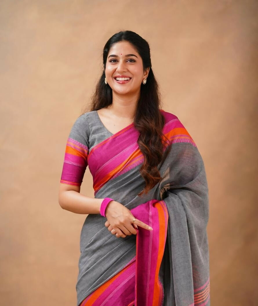 Exclusive Collection Grey Beautiful Khadi Cotton Handloom Saree