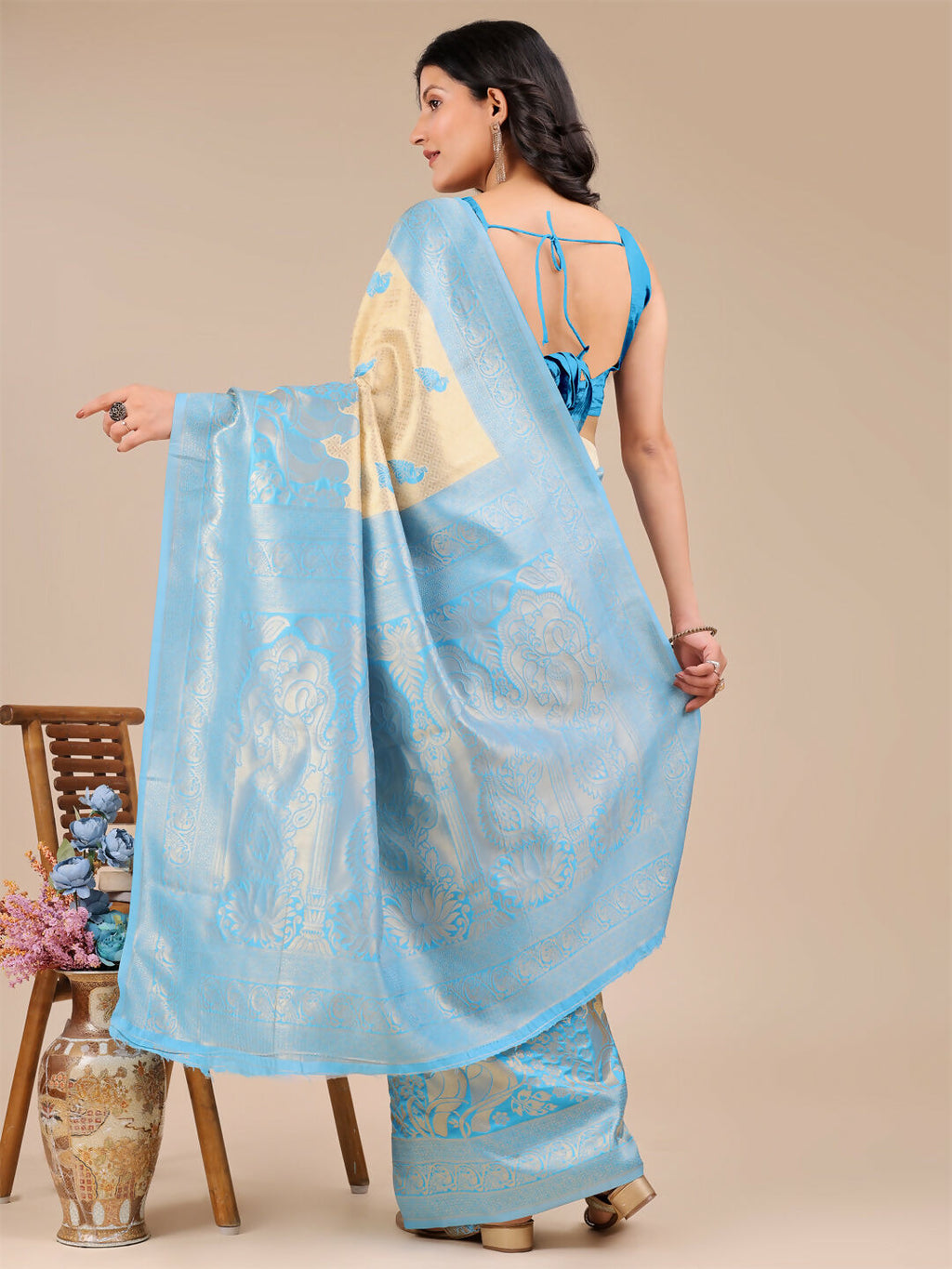 Shree Shyam Fashion Banarasi Silk Cream & Sky Blue Saree