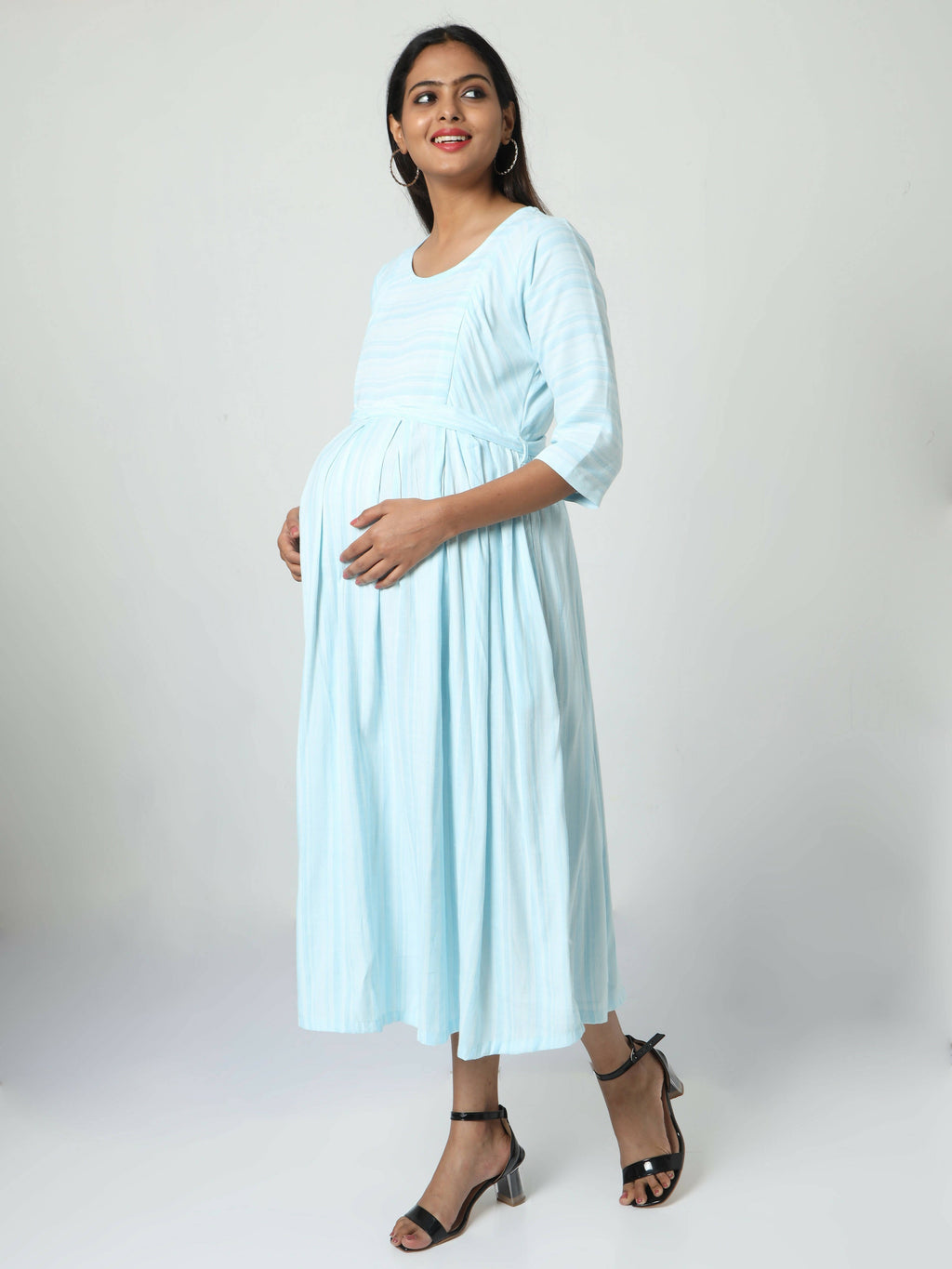 Manet Three Fourth Maternity Dress Striped With Concealed Zipper Nursing Access - Light Blue