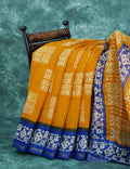 Yellow And Dark Ink Blue Colour Bathik Print Semi Chanderi Saree By Gayathri Reddy Designer Studio
