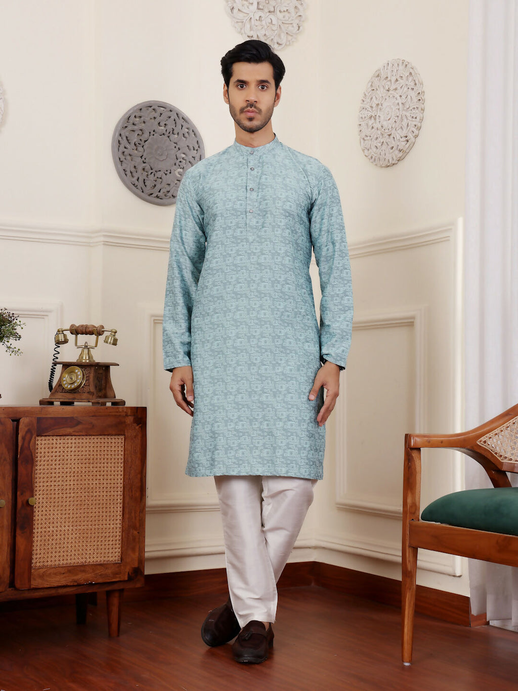 Blue Viscose Woven Jacquard Work Men's Rajwadi Kurta Set - Mahotsav