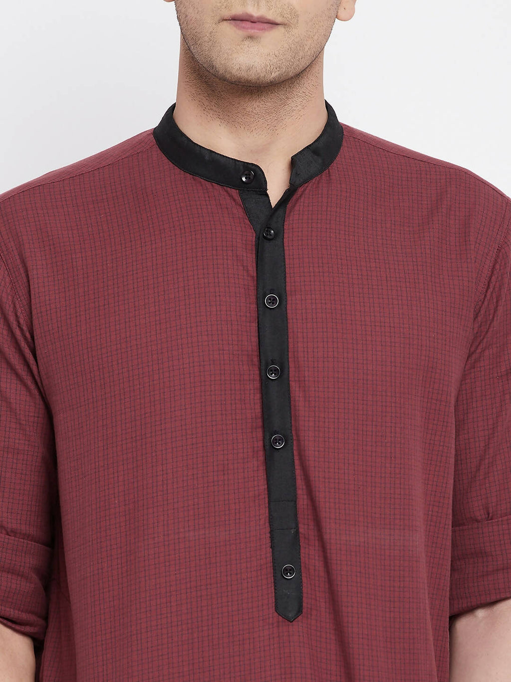Even Apparels Maroon Pure Cotton Men's Kurta With Contrast Collar And Placket