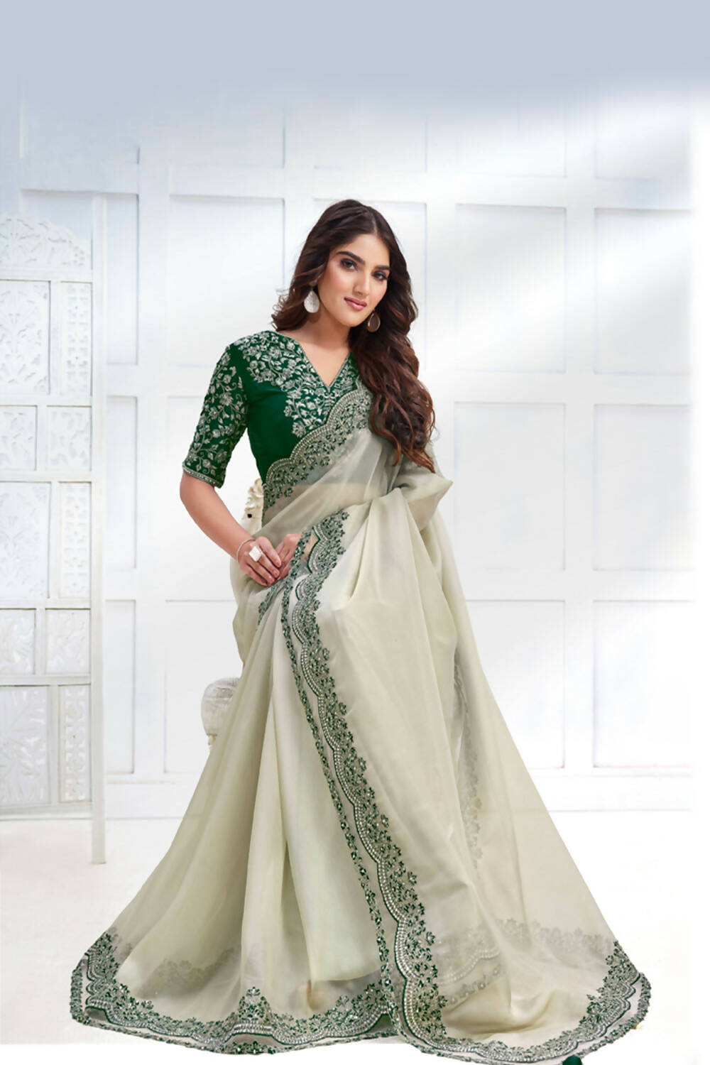 Green Net Organza Georgette Cord & Sequence Embroidered Saree - Mohmanthan Majestica