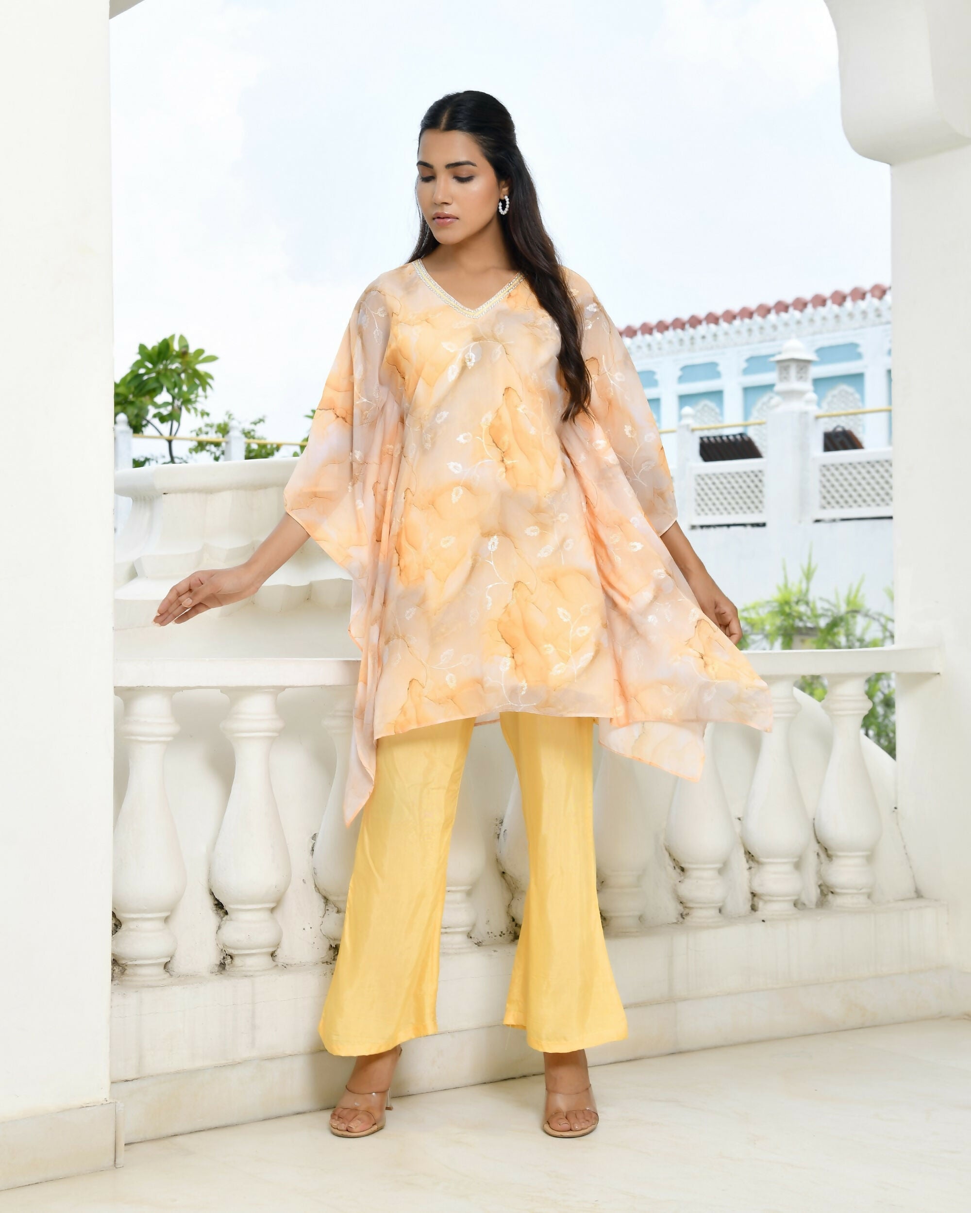 Vaasva Women's Lemon Georgette Marble Print Kaftan Pant Set
