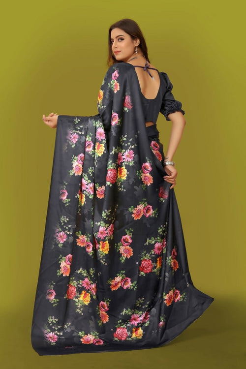 Aayaa Designer Printed Satin Saree - Multi Color