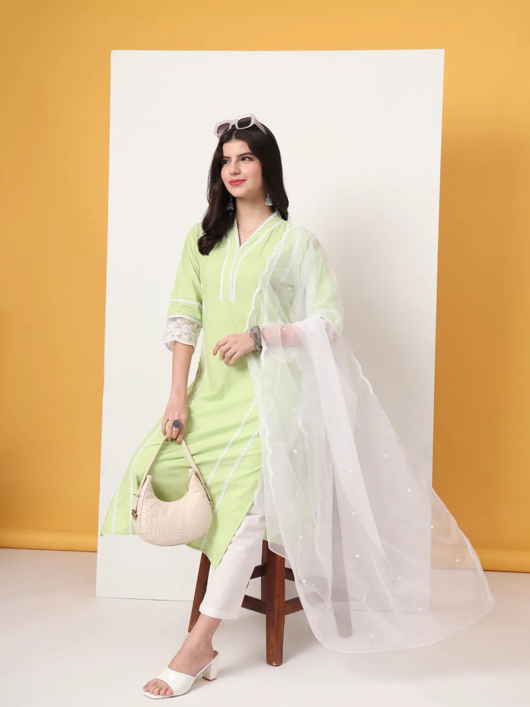 Yufta Premium Cotton Poplin Green Kurta Dupatta Pant Set