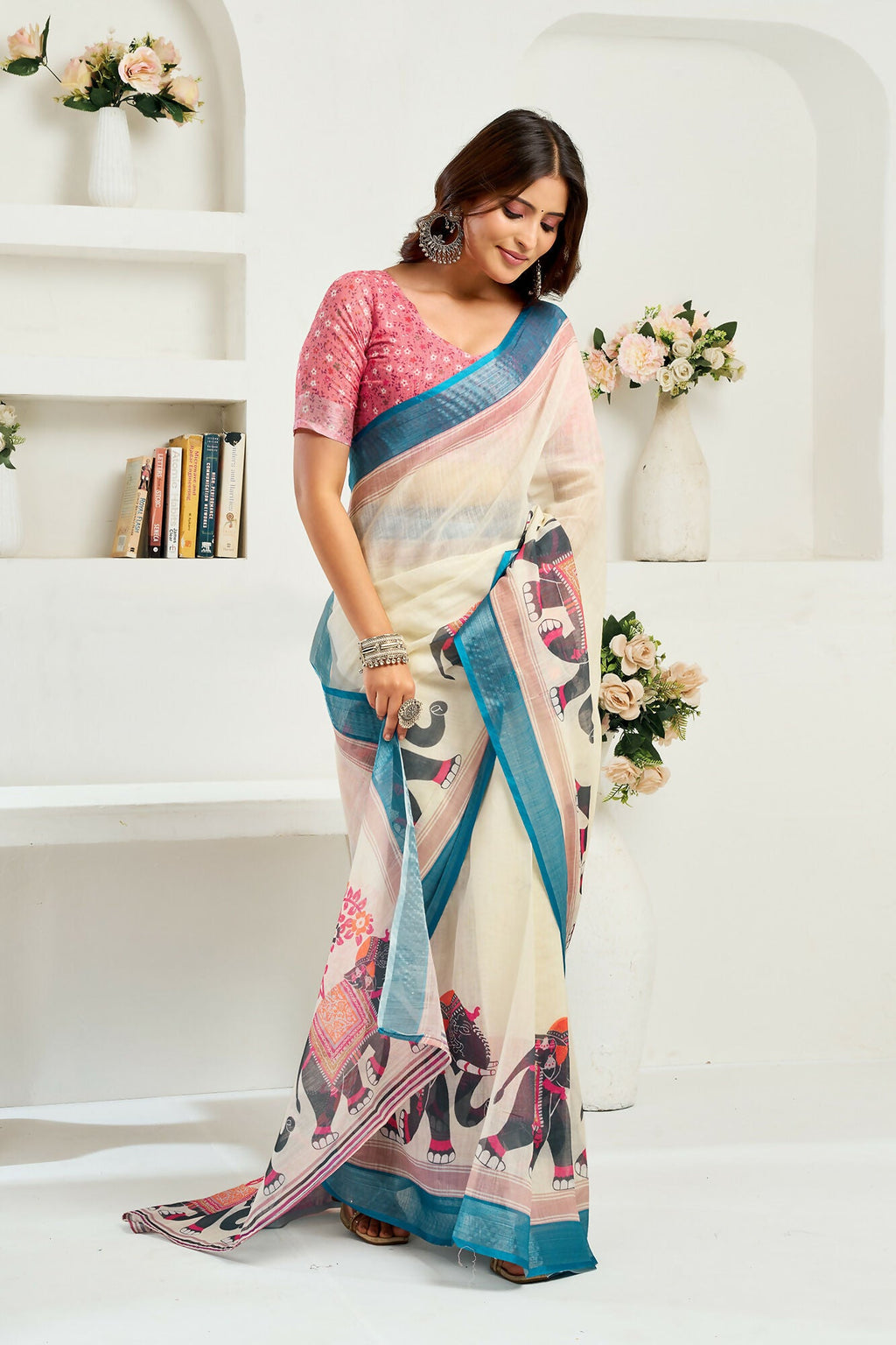 Vastranavya Cream Digital Printed Linen Ready To Wear Designer Saree with Unstitched Blouse