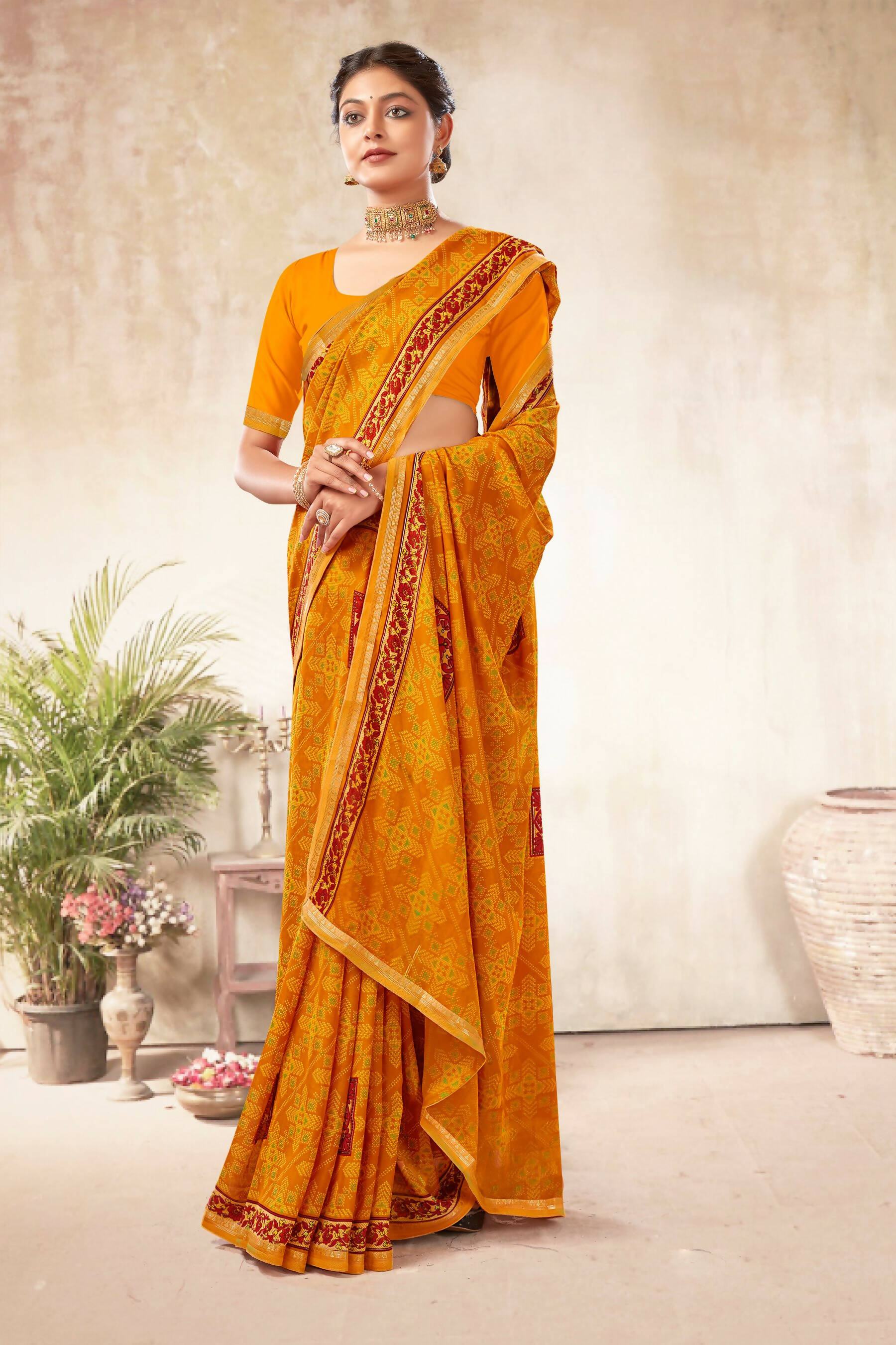 Mustard Georgette Bandhni Printed Saree With Unstitched Blouse Piece - Shanaya