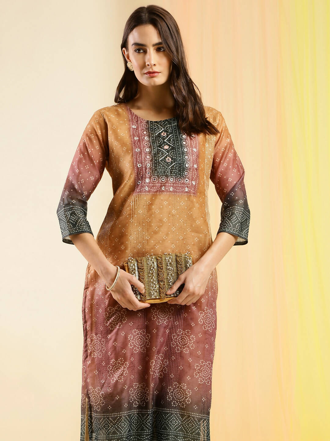 Orange Chinon Digital Printed With Hand Work Kurta - Himanshi
