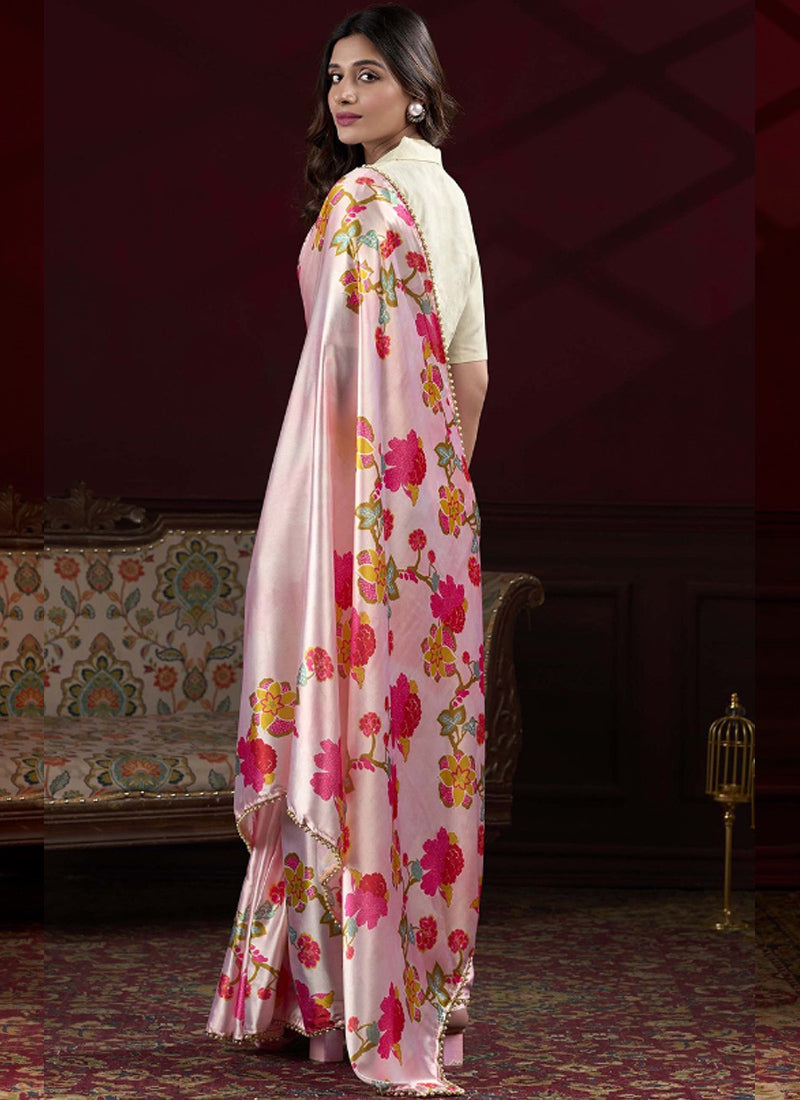 Vegaa Fashion Light Pink Japan Satin With Pearl Lace Printed Designer Saree