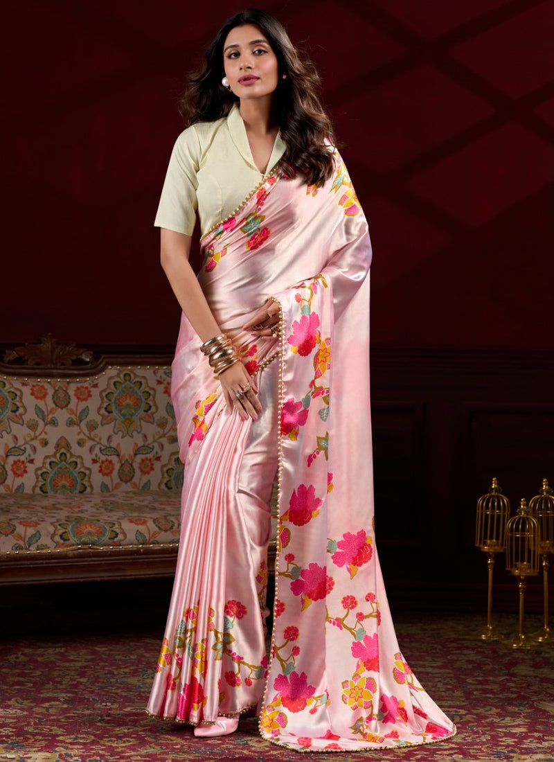 Vegaa Fashion Light Pink Japan Satin With Pearl Lace Printed Designer Saree