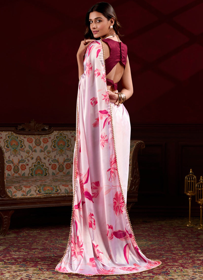 Vegaa Fashion Light Pink Japan Satin With Pearl Lace Printed Designer Saree