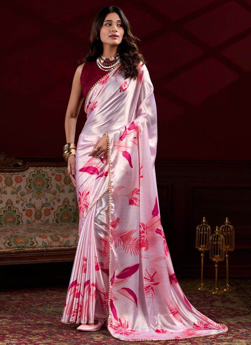 Vegaa Fashion Light Pink Japan Satin With Pearl Lace Printed Designer Saree