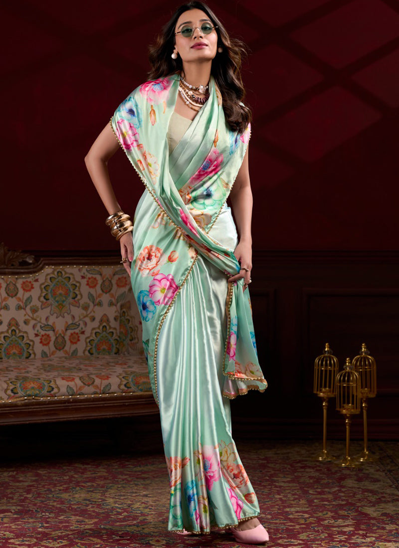 Vegaa Fashion Sea Green Japan Satin With Pearl Lace Printed Designer Saree