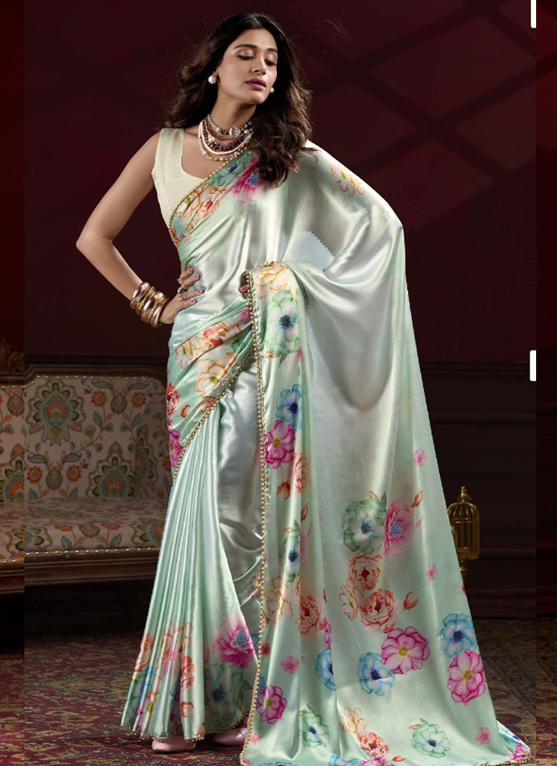 Vegaa Fashion Sea Green Japan Satin With Pearl Lace Printed Designer Saree