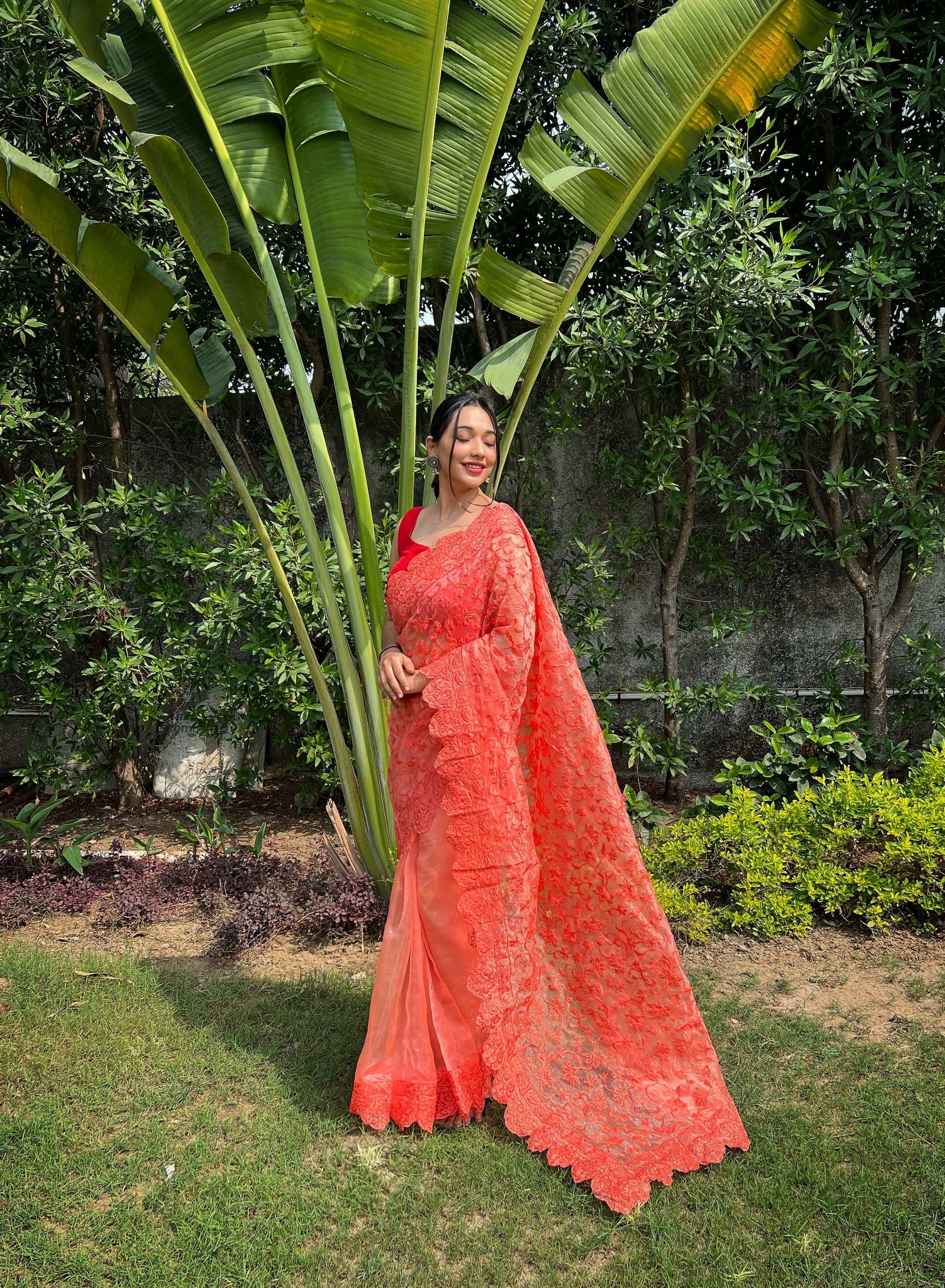 Vamsee Sujal Orange Organza Saree