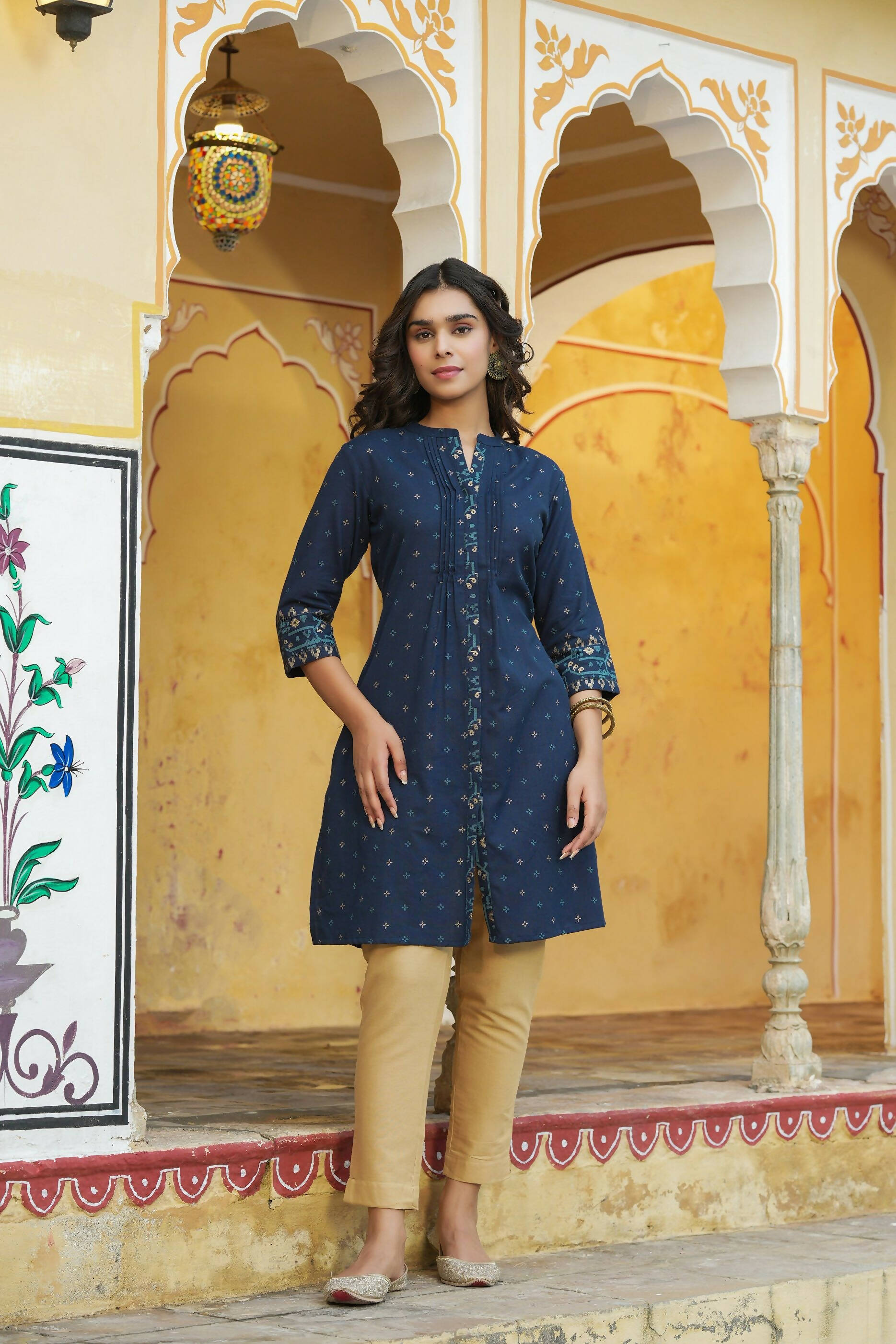 Juniper Women's Blue Cotton Flex Printed A-Line Kurta