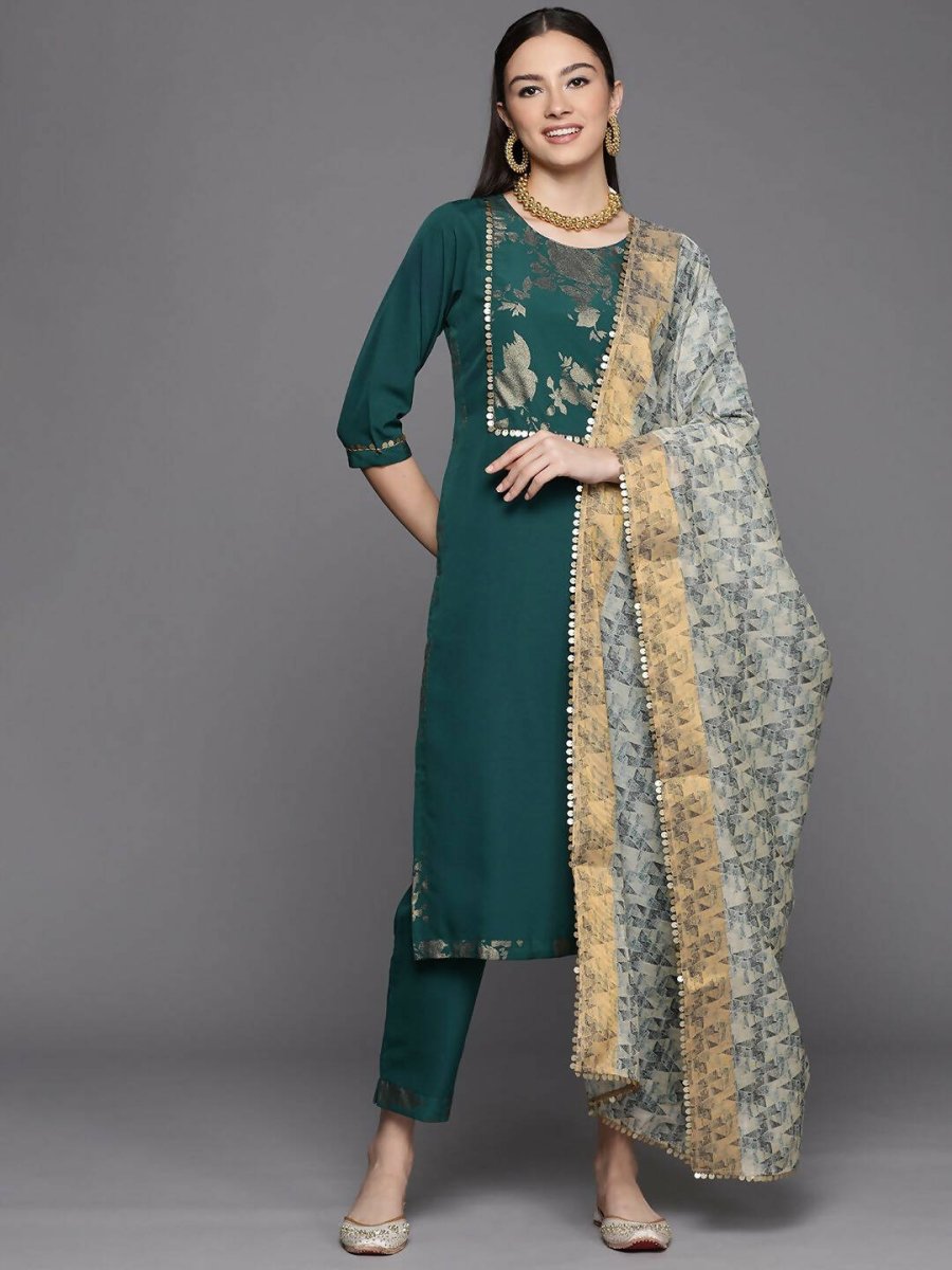 Ahalyaa Womens Dark Green Crepe Smoke Printed Kurta Pant Set With Dupatta