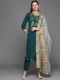 Ahalyaa Womens Dark Green Crepe Smoke Printed Kurta Pant Set With Dupatta