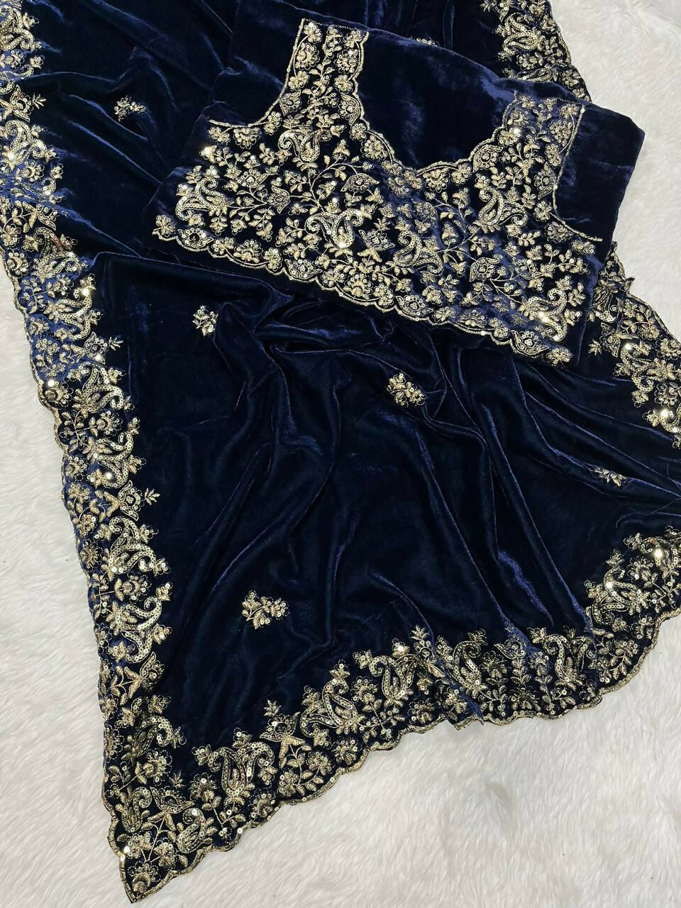 Vastranavya Designer Velvet Sequence & Zari Thread Embroidery work with border and Cutwork Saree - Navy Blue