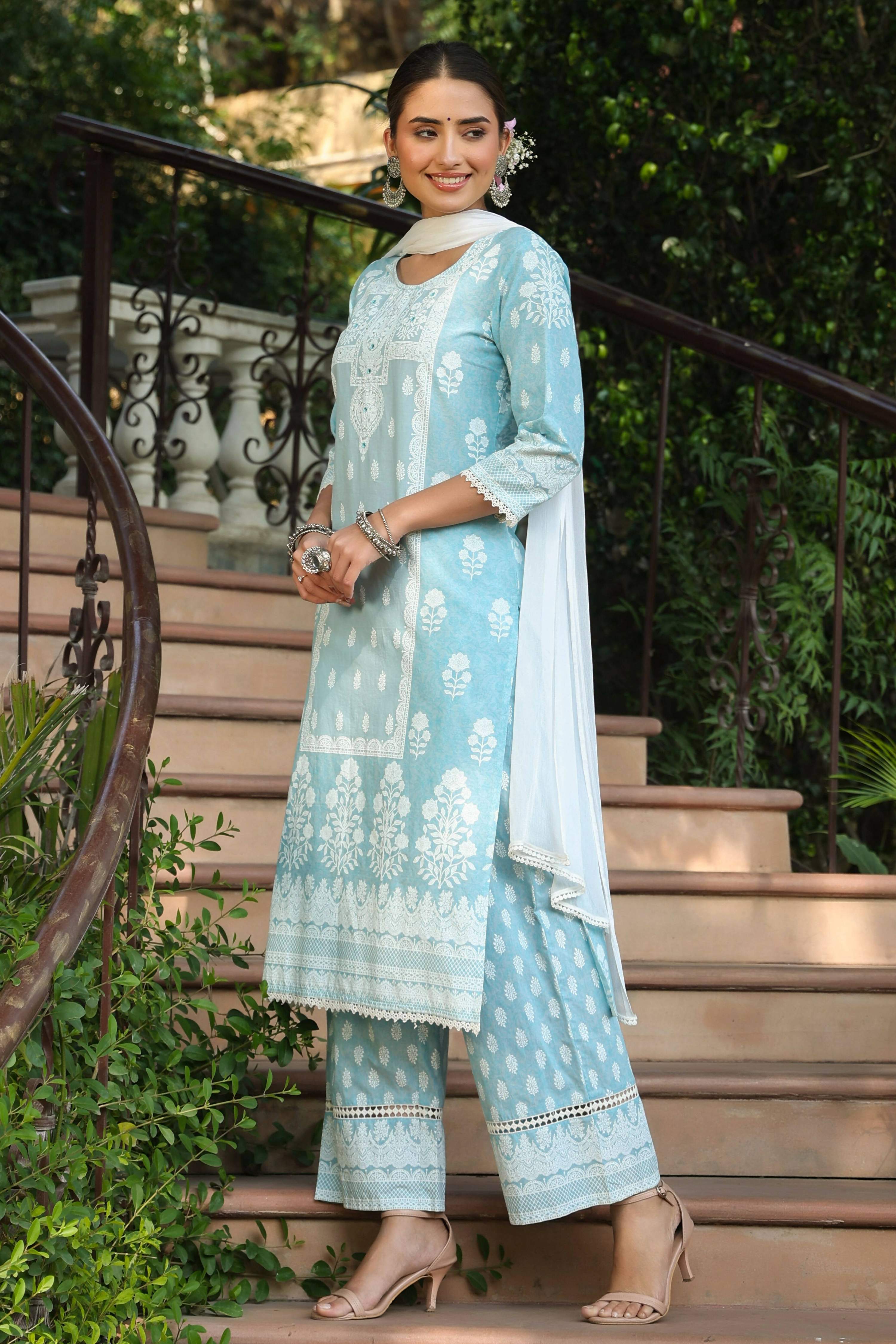 Juniper Women's Skyblue Printed Straight Kurta Sets