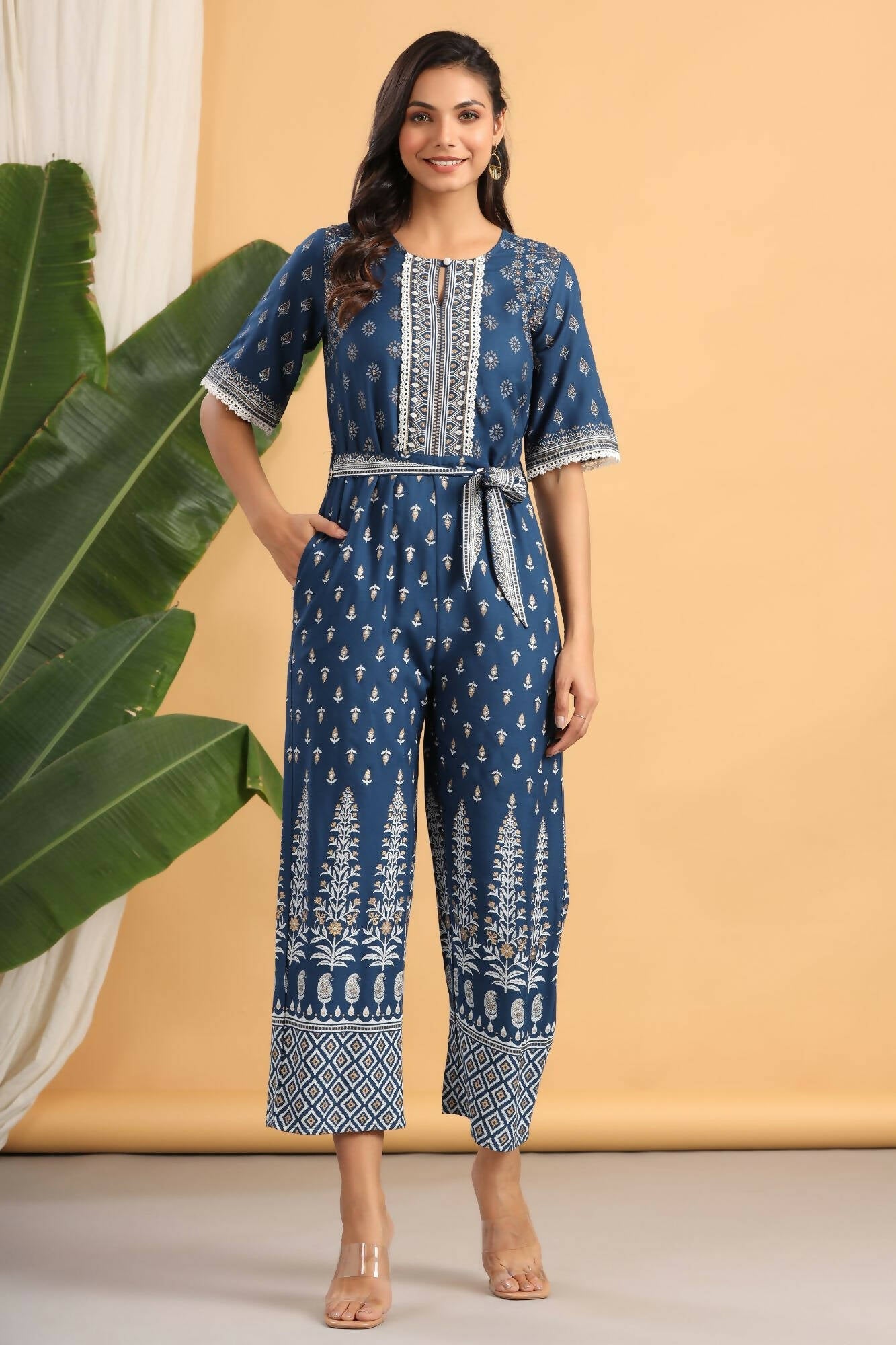 Juniper Women Indigo Rayon Printed Straight Jumpsuit