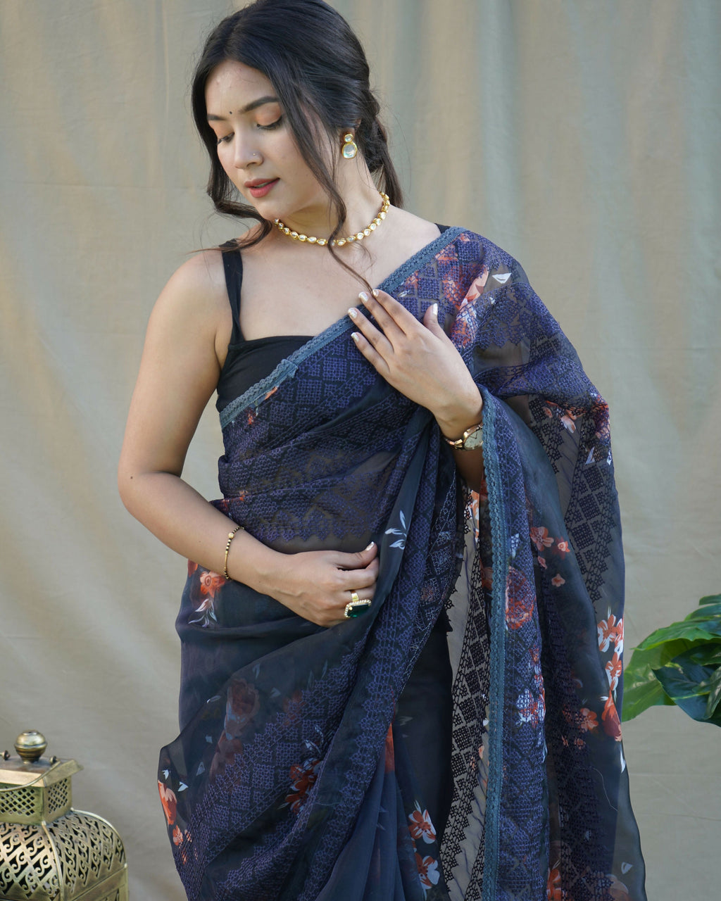 Vamsee Nitya Navy Blue Organza Saree