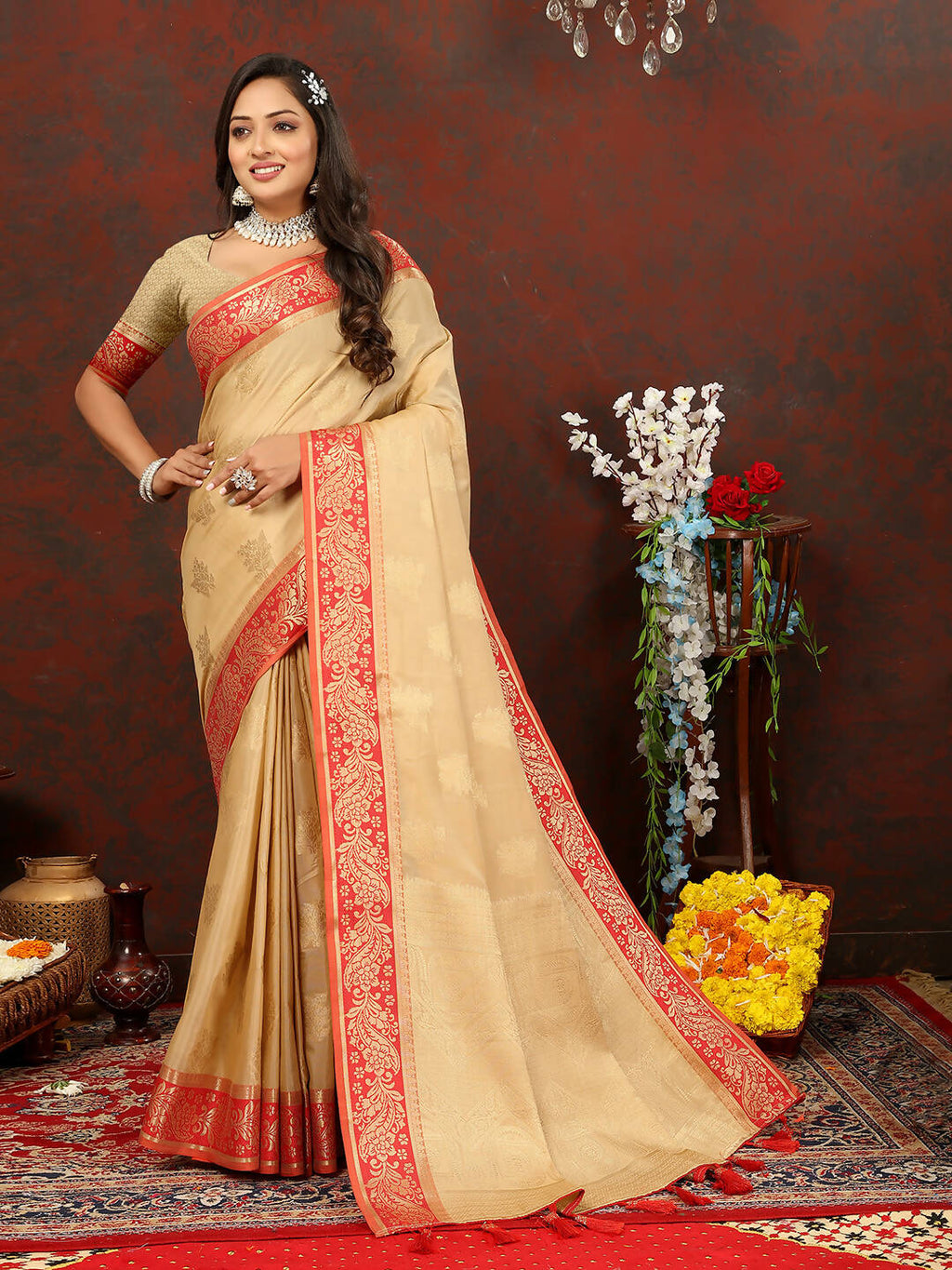 Lorenvalley Fashion Cream Cotton Woven Design with Zari Weaving Design Saree
