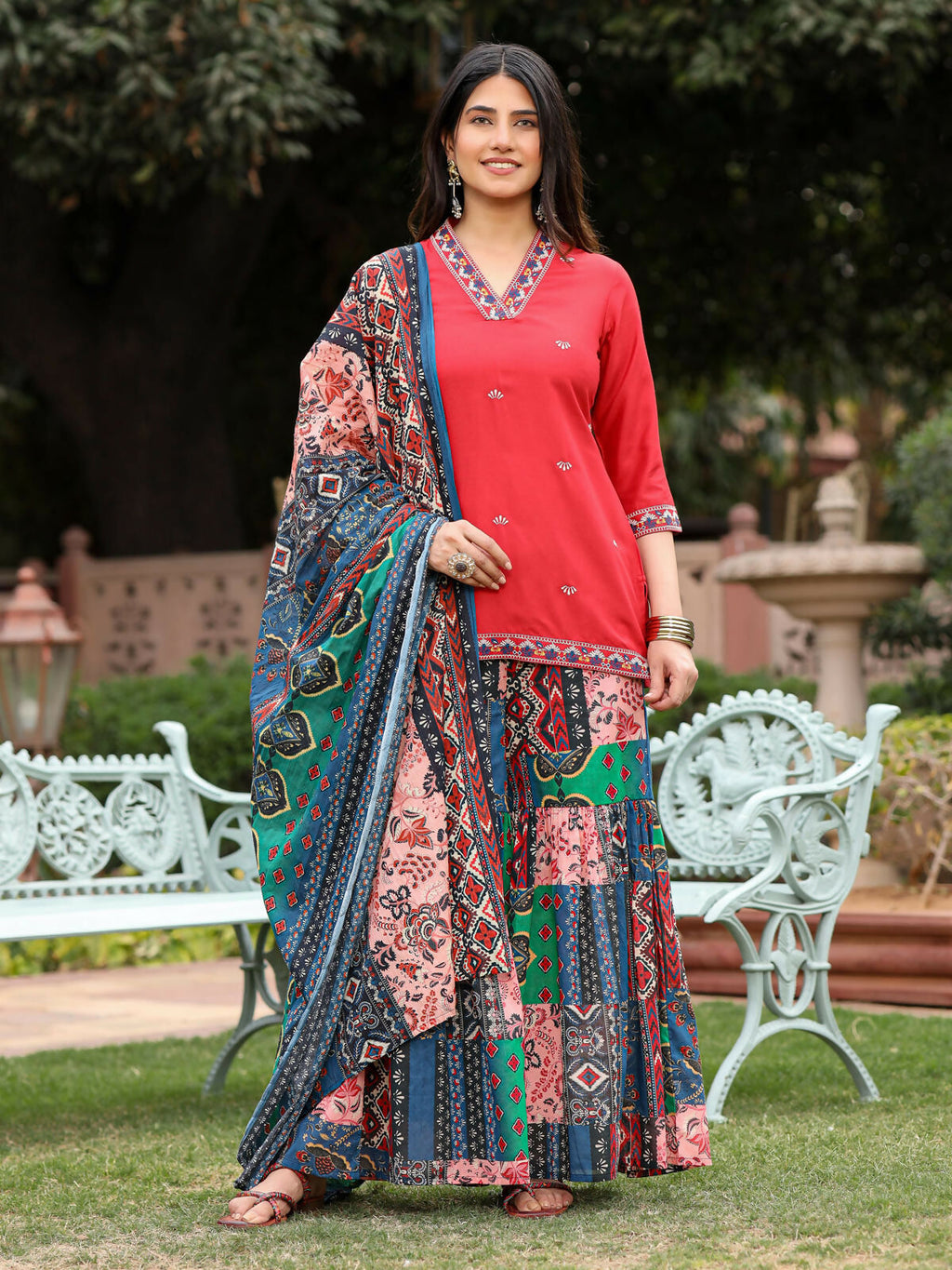 Juniper Women's Rust Thered Embroidered Rayon Kurta Sharara & Voile Dupatta Set