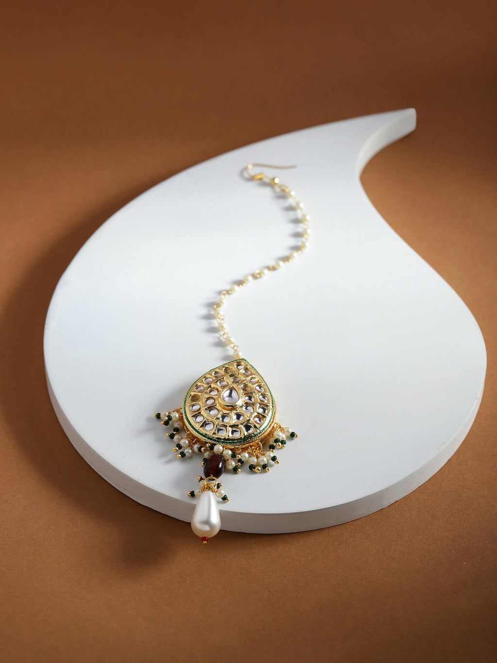 Gold-Polished White Green Kundan-Studded Pearl Beaded Maang Tikka - Ruby Raang