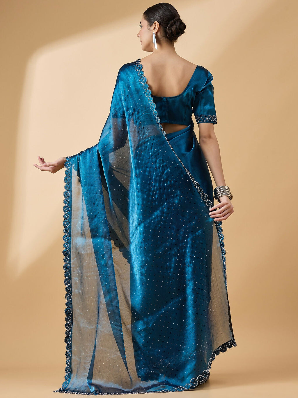 Teal Organza Swaroski Diamond Work Saree with Unstitched Blouse - Radha