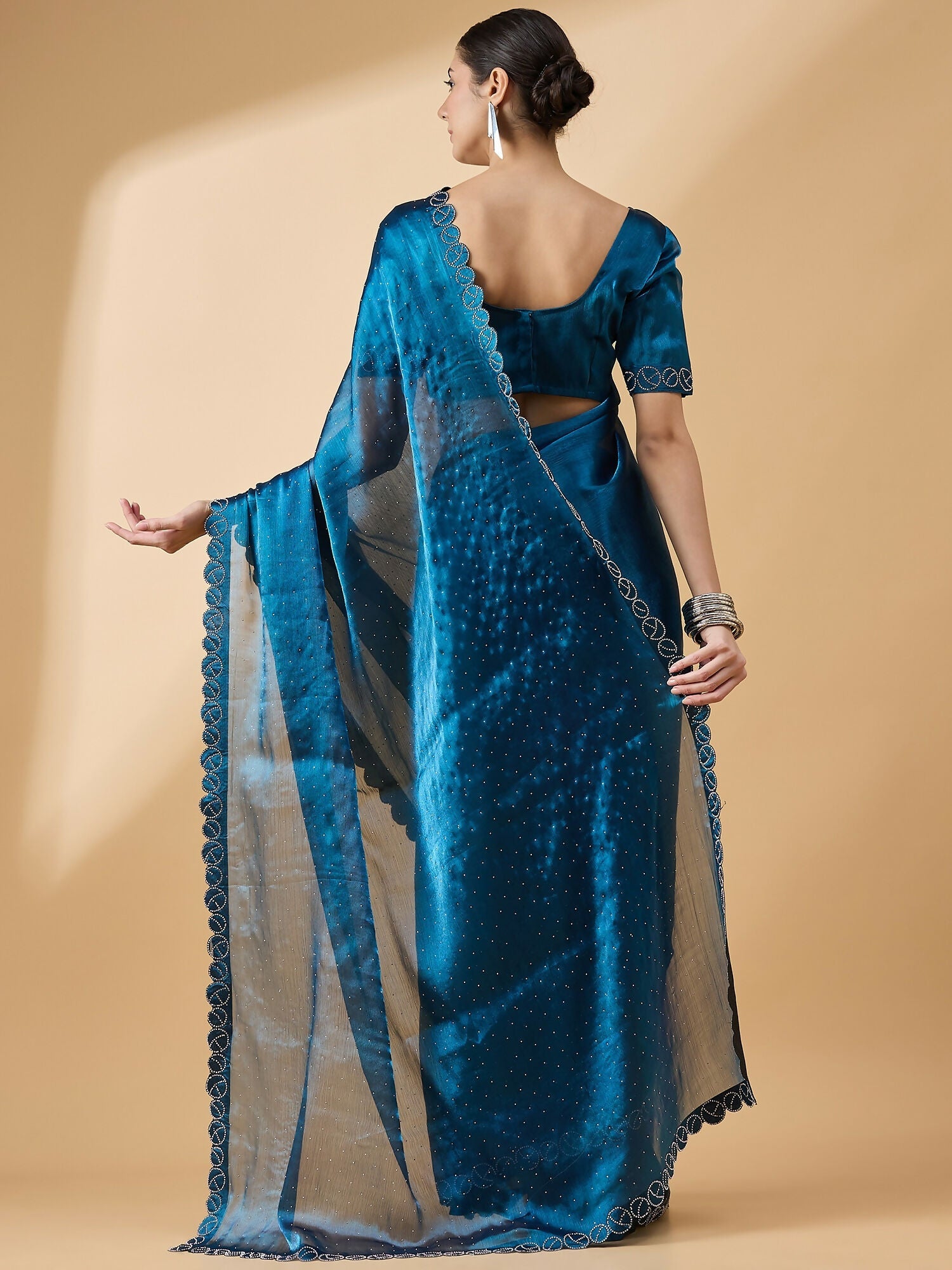 Teal Organza Swaroski Diamond Work Saree with Unstitched Blouse - Radha