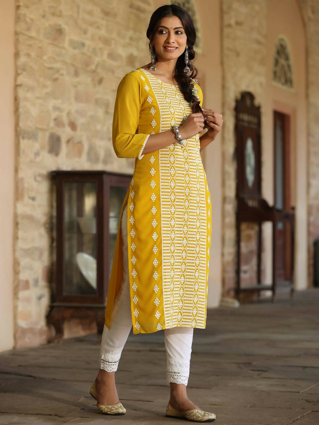 Juniper Women's Yellow Georgette Printed Kurta