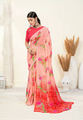 Peach Georgette Floral Printed Saree With Unstitched Blouse Piece - Jyoti