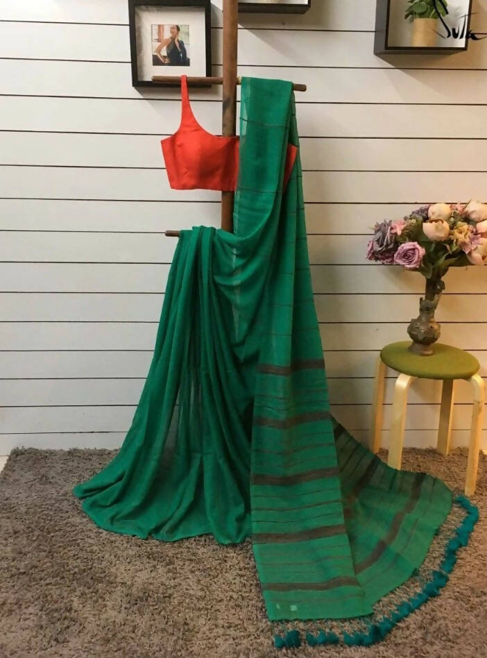 Exclusive Collection Khadi Cotton Handloom Khesh Saree With Blouse Piece - Green