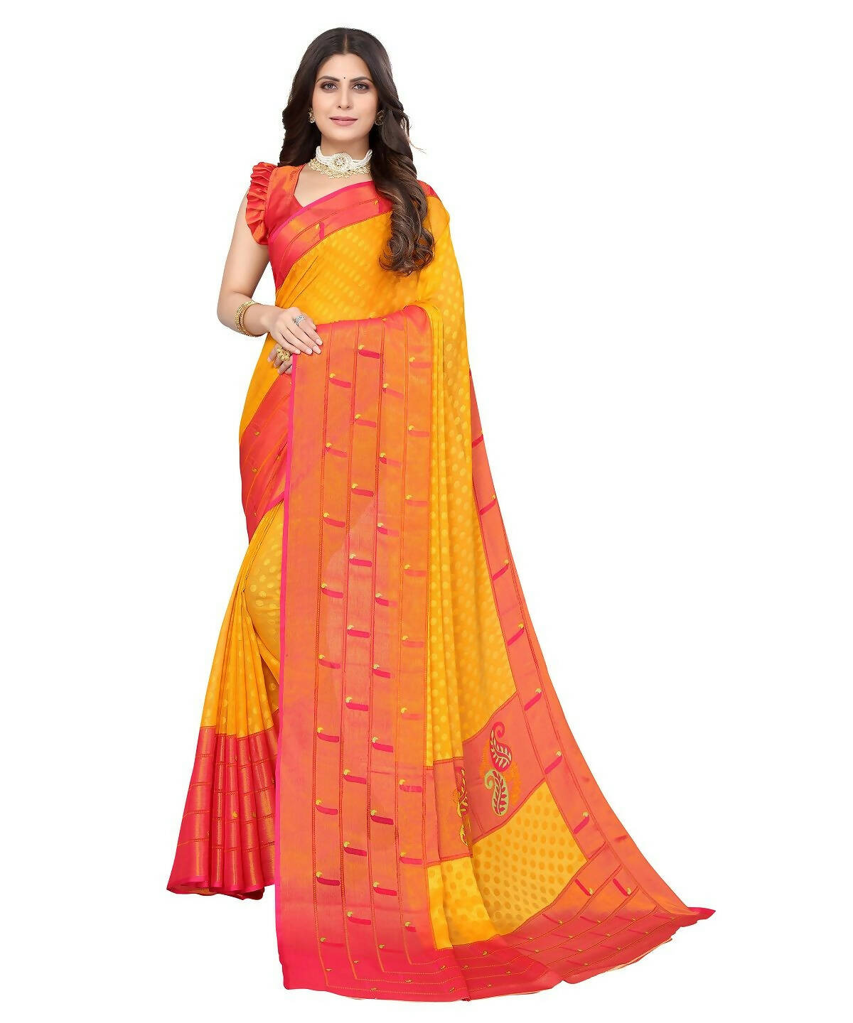 Vamika Yellow Chiffon Brasso Bollywood Style Woven Saree (DIMPLE YELLOW)