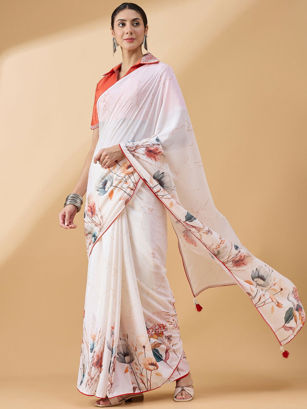 White Chiffon Floral Printed Saree with Stitched Blouse - Dharavi