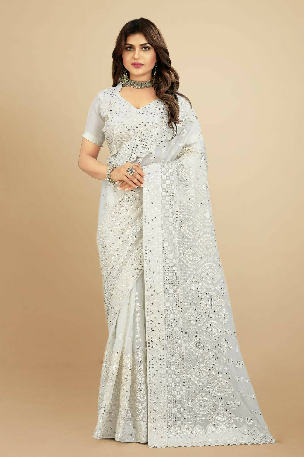 Vamsee White Georgette Designer Saree