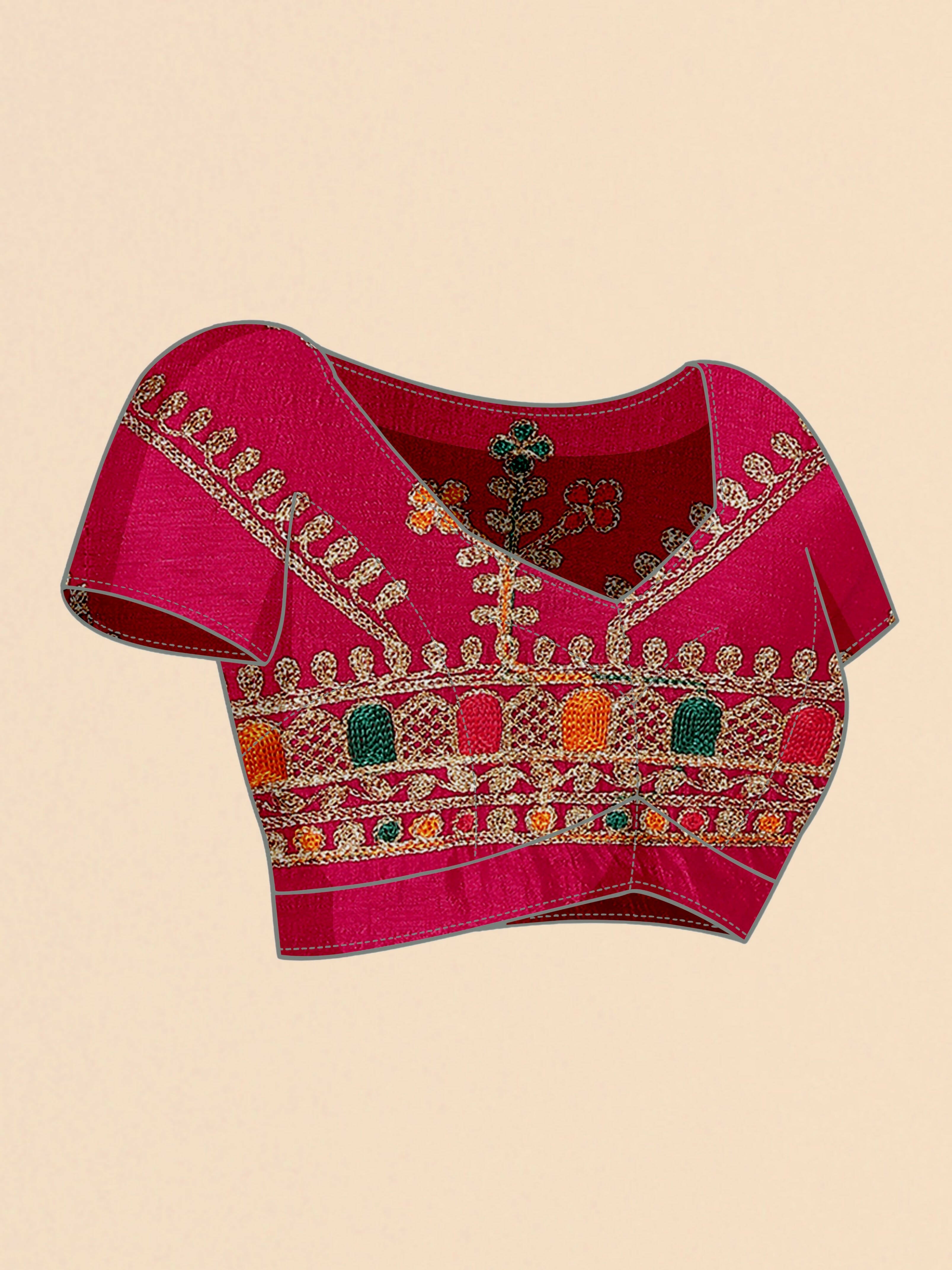 Pink Chinon Embroidered Saree with Unstitched Blouse Piece - Roozal