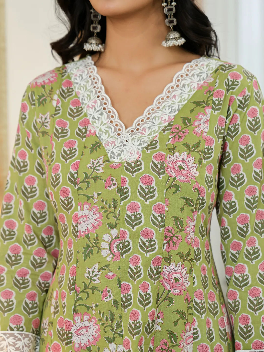 Yufta Pure Cotton Green Anarkali Kurta Dupatta Set With Lacework