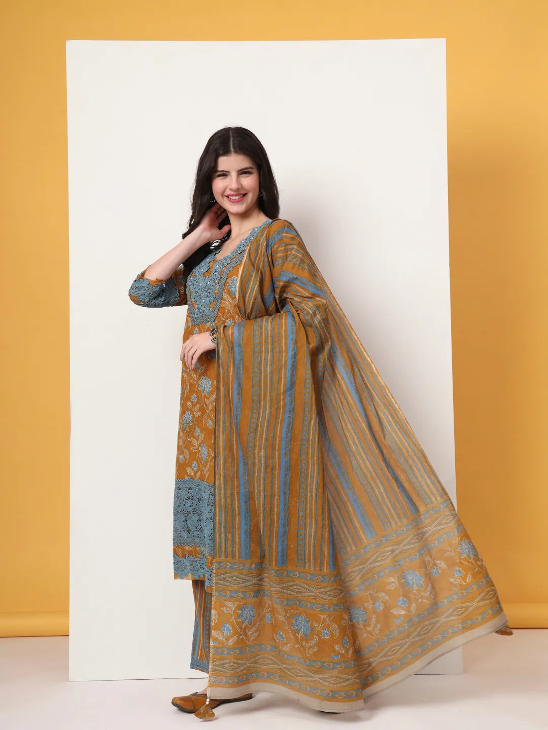 Yufta Pure Cotton Mustard Kurta Dupatta Set With Lace Detailing