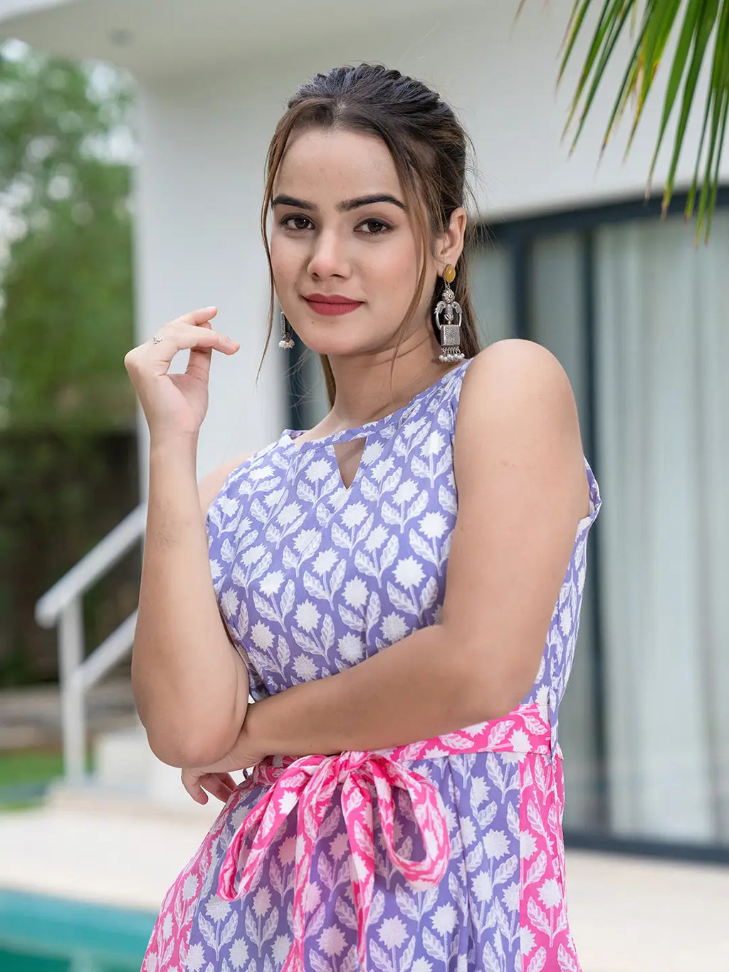 Yufta Purple And Pink Pure Cotton Colour Blocking Dress