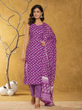 Yufta Purple Bandhani Cotton Straight Kurta Trouser & Dupatta Set