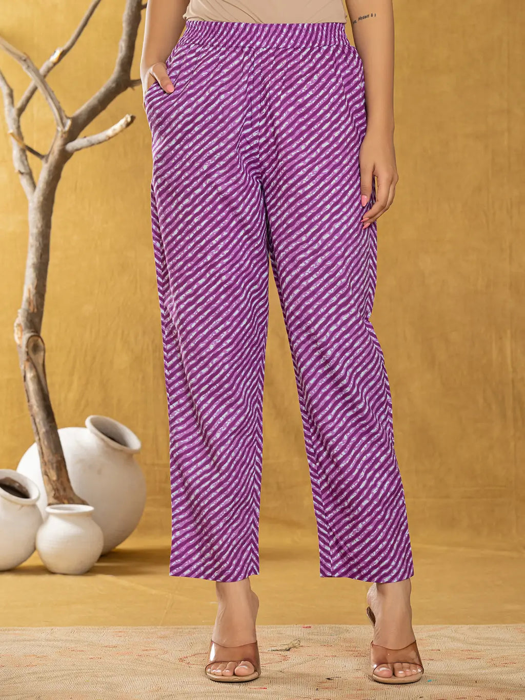 Yufta Purple Bandhani Cotton Straight Kurta Trouser & Dupatta Set